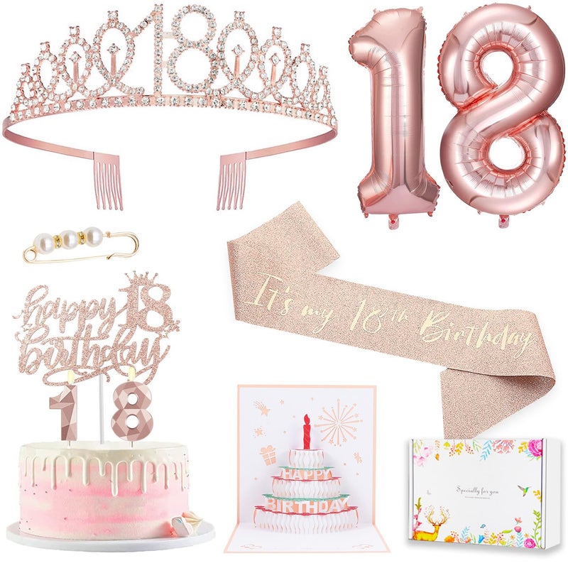 Awfrky 8pcs 18th birthday decorations for girls  Including 18th Happy Birthday Cake Toppers  Birthday Queen Sash with Pearl Pin  Sweet Rhinestone Tiara Crown  Number Candles and Balloons Set  Rose Gold - Image 1